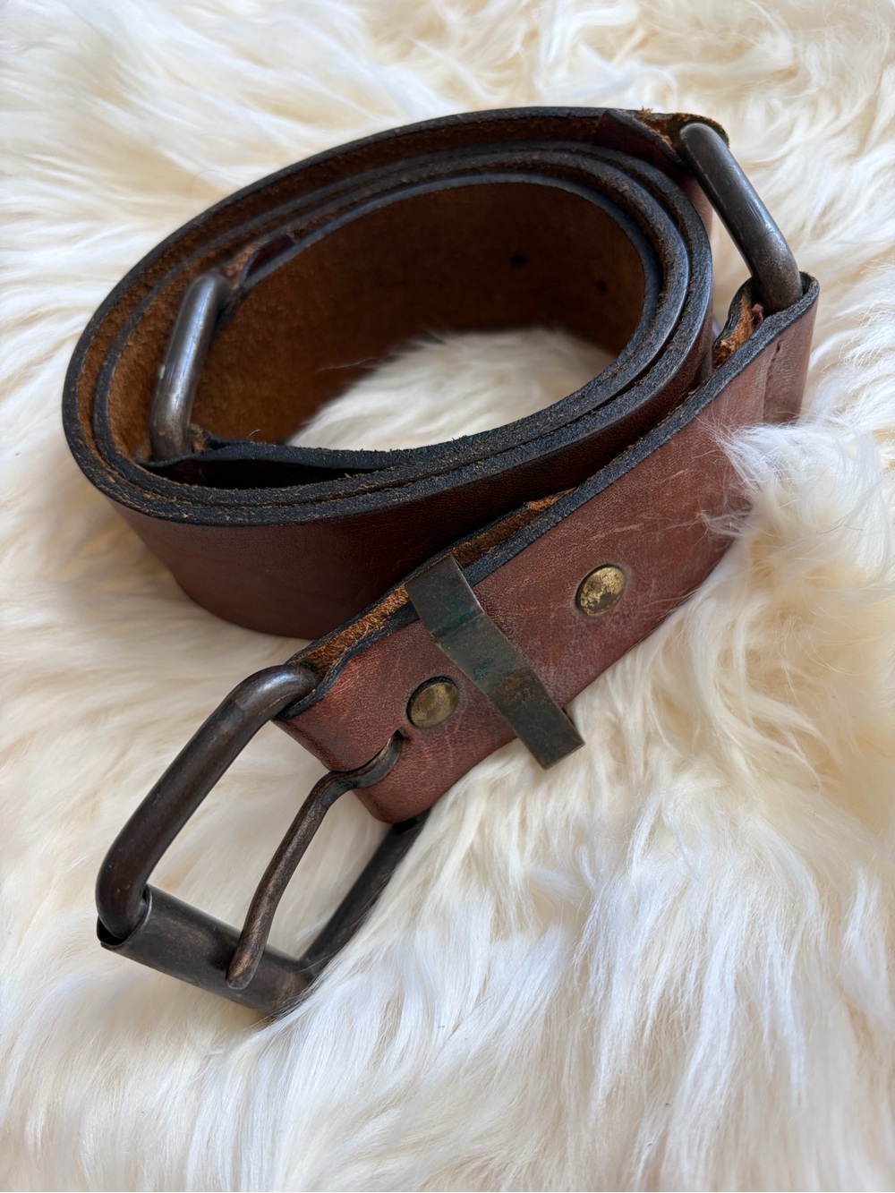 Handmade Vintage Brown Leather Belt with Antique Metal Buckle Details